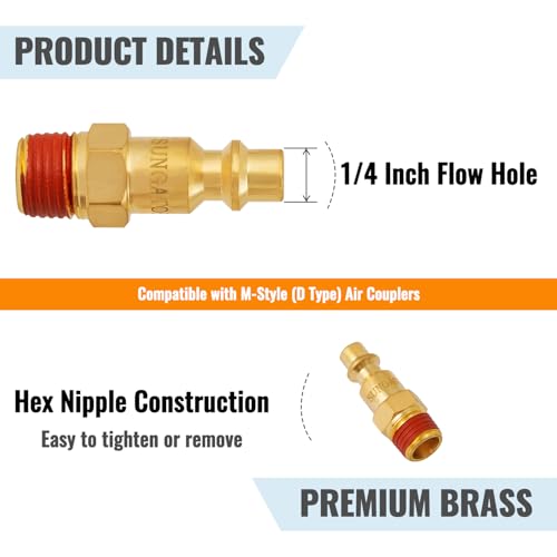 SUNGATOR Brass 1/4 Inch Male Air Plug, 10-Pack NPT Industrial Hose Fittings - size: 1/4'' Male, style: 10 Pack