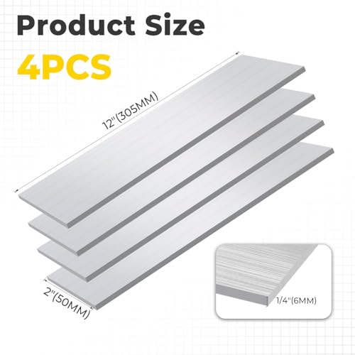 4PCS 6061 Aluminum Flat Bar 1/4" x 2" x 12"(T x W x L) - size: 1/4" x 2" x 12"
