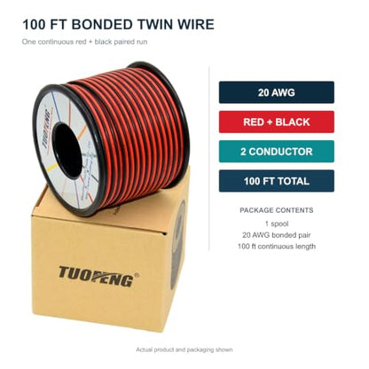 TUOFENG 20 AWG Silicone Wire, 100 ft Red Black 2-Conductor Tinned Copper - size: 20 awg Silicone wire 100ft
