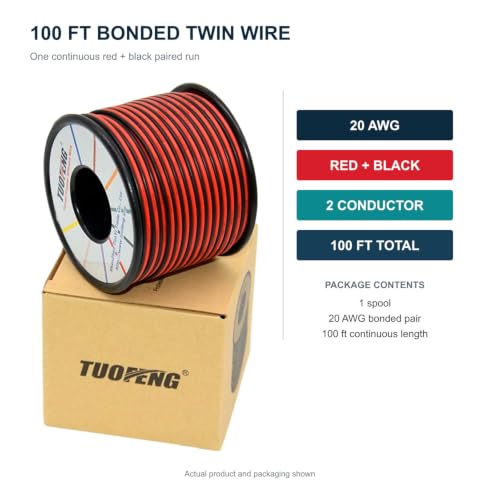 TUOFENG 20 AWG Silicone Wire, 100 ft Red Black 2-Conductor Tinned Copper - size: 20 awg Silicone wire 100ft