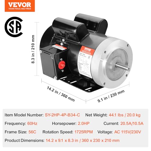 VEVOR 2HP Electric Motor 1725 RPM, AC 115V/230V, 56C Frame, Air Compressor Motor Single Phase, 5/8" Keyed Shaft, CW/CCW Rotation for Agricultural Machinery and General Equipment - size: 2 HP Single Phase-1.88 in Shaft Length