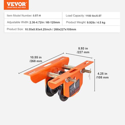 VEVOR Electric Hoist Manual Trolley, 1100 lbs/0.5 Ton Capacity for PA200 PA250 PA300 PA400 PA500, Push Beam Trolley with Dual Wheels, 2.36"-4.72" Adjustable Flange Width for Straight Curved I Beam