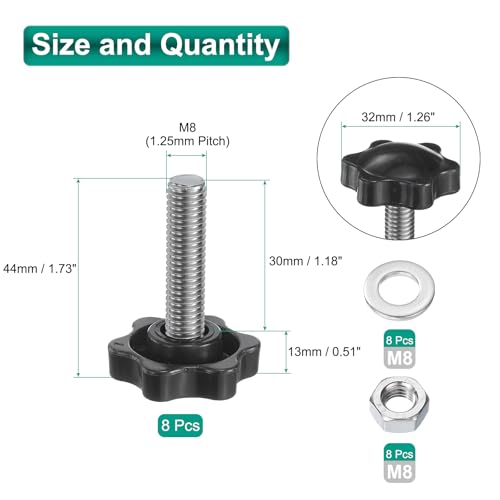 uxcell 8pcs Star Clamping Knobs with Nuts Washers, M8 x 30mm Metric 304 Stainless Steel Male Thread 32mm 6-Star Plastic Head, Threaded Stud Hand Knobs Handles Thumb Screws, Black - size: M8 x 30mm