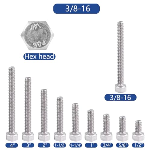 3/8-16 x1-1/2 Hex Head Screw Bolt(20 PCS), Lock Nuts,Flat & Lock Washers Kits, 304 Stainless Steel 18-8,Fully Threaded. - size: 3/8-16 x 1-1/2"