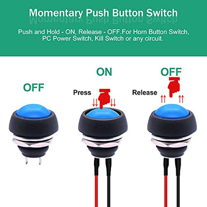 Twidec/6Pcs 12mm Momentary Push Button Switch 1/2" Mounting Hole On Off Mini Round Waterproof Blue with Pre-soldered Wires PBS-33B-BU-X - color: Blue-12mm, size: Momentary