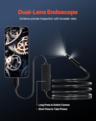 VEVOR Endoscope Camera with Light, Dual Lens Borescope for Android & iOS, 1920P HD Inspection Camera, 8 + 1 LED Lights, 2X Zoom, 10FT Snake Cable, IP67 Waterproof - size: 10FT