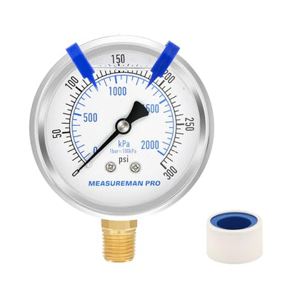 MEASUREMAN PRO 2.5'' Glycerin Filled Pressure Gauge, 0-300psi/kpa, 304 Stainless Steel Case, 1/4" NPT Lower Mount,for Regulator, Air Compressor, Water System, HVAC, Hydraulic Test - size: 2.5'' (Lower Mount), style: 0-300 psi