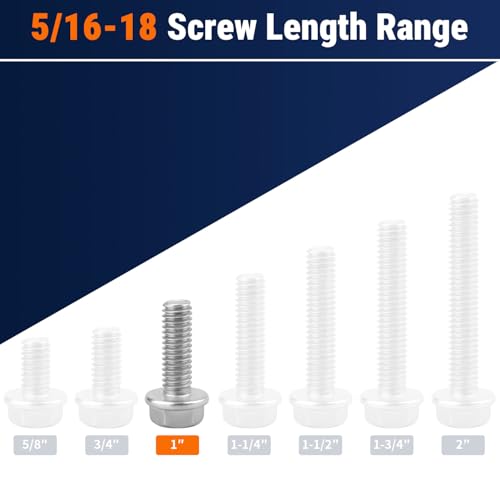 5/16-18 x 1" Flange Hex Bolts, 304 Stainless Steel 18-8, A2-70 Grade, Non-Serrated Flange Bolts for Automotive Repair, Fully Threaded, 12 Pcs - size: 5/16-18 x 1