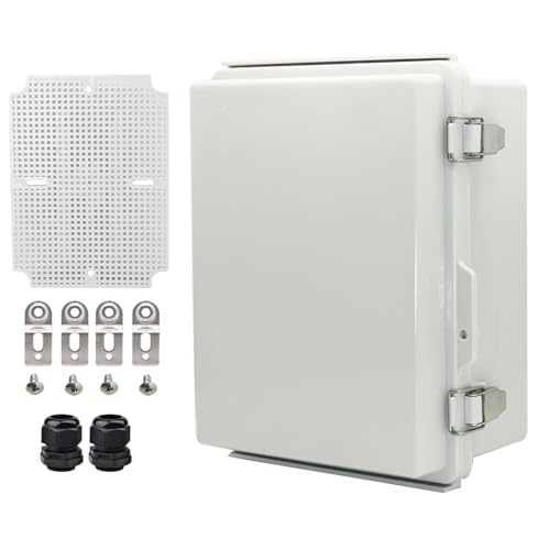 Waterproof Electrical Box with Mounting Plate, IP67 Junction Box Stainless Steel Latch Hinged Grey Cover Project Enclosure with Wall Bracket and 2 Glands 8.59" x 6.7" x 4.29" - color: Grey, size: 8.59" x 6.7" x 4.29"
