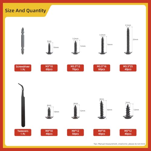 400pcs Black Carbon Steel Self Tapping Screws Assortment Kit - M3 M3.5 M4 M5 Pan Head Screws with Washers, Hex Keys & Tweezers for Wood Metal Plastic DIY Projects