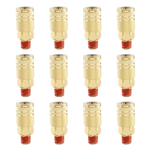 12 Pcs 1/4-Inch Brass Male Industrial Coupler, 1/4 Inch NPT Male Threads Size Industrial Air Hose Quick Connect Adapter Air Compressor Fittings, Compressor Hose Repair Accessories