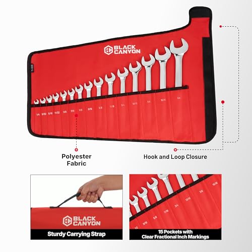 BLACK CANYON Wrench Roll Up Pouch, Waterproof, Wear-Resistant, Wrench Roll with Handle, Wrench Organizer for Manufacturing, Construction - size: 15 Pockets SAE
