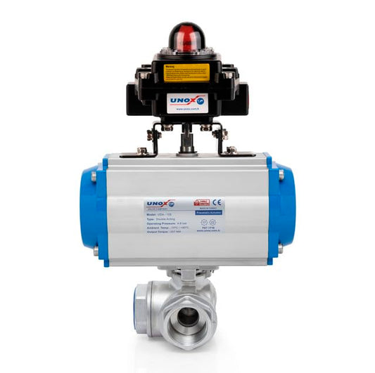 UNOX 1/2" Double Acting Pneumatic Actuated T Port 3 Way Ball Valve, SS304 Stainless Steel, Threaded NPT With Ex-Proof Limit Switch Box, Industrial Use - color: With Ex-Proof Limit Switch Box, size: 0.5 Inch