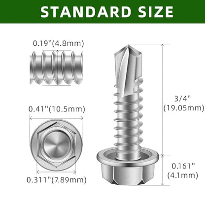 #10 x 3/4" Hex Washer Head Self Drilling Screws, Self Tapping Sheet Metal Screws, 410 Stainless Steel, 100 PCS - color: Silver, size: #10 x 3/4"