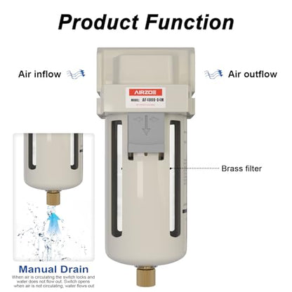 AIRZOE 1/2" NPT Compressed Air Filter, Semi-Auto Drain,0-150psi, AF4000-04 - size: 1/2" NPT