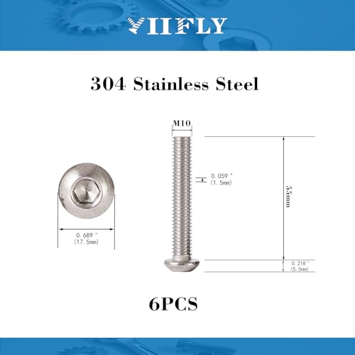 M10x1.5 Bolt, M10 x 55mm Button Head Socket Cap Bolts Screws,304 Stainless Steel(A2-70), Allen Hex Drive, Bright Finish, Fully Threaded, Quantity 6 - size: M10 x 55mm(6PCS)