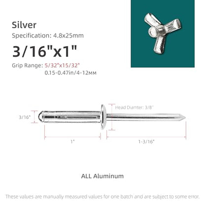 50Pcs Trifold Aluminum Exploding Blind Rivets, Silver, 3/16"x1" - color: Silver, size: 3/16"x1"