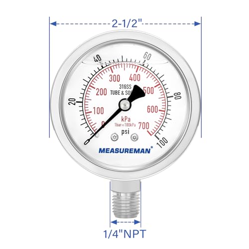 MEASUREMAN Pressure Gauge 1/4 NPT, 0-100psi/kPa Fully Stainless Steel Hydraulic Glycerin Filled Pressure Gauge with 2.5 Inch Dial Size (0-100 psi, Lower Mount - 100% Stainless Steel) - size: 0-100 psi, style: Lower Mount(100% Stainless Steel)