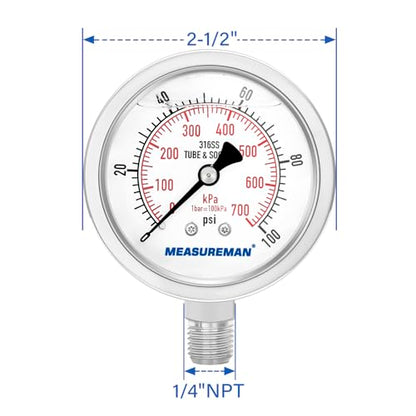 MEASUREMAN Pressure Gauge 1/4 NPT, 0-100psi/kPa Fully Stainless Steel Hydraulic Glycerin Filled Pressure Gauge with 2.5 Inch Dial Size (0-100 psi, Lower Mount - 100% Stainless Steel) - size: 0-100 psi, style: Lower Mount(100% Stainless Steel)