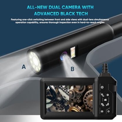 Industrial Endoscope Borescope with Light, 8mm Dual Lens 1080P HD IP67 Waterproof Snake Camera with 4.3" LCD, 8 LEDs & Semi-Rigid Cable - Inspection Tool for Industrial Use (32GB Included)