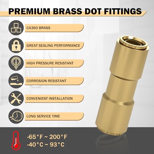 CheeMuii 6PCS 3/8" Brass DOT Air Line Fittings DOT Brass Straight Union - size: 3/8IN-6PCS