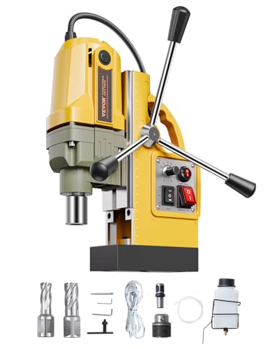 VEVOR Magnetic Drill, 1200W Motor 1.6 in Boring Diameter, 2810 lbf Electric Mag Drill Press, with 2 Coring Bits, Variable Speed, Drilling Machine for Metal Surface, Home Improvement Industry, Yellow - size: 1.6 in (2 Bits)