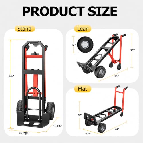 4 in 1 Folding Hand Truck, 1000lbs Capacity Dolly Cart Industrial Convertible Heavy Duty with Retractable Handle and 4 Rubber Wheels, Collapsible Cart for Moving Home, Warehouse, Black-Red - color: Black Red-1000