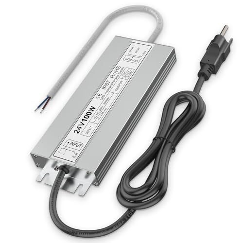LED Driver 100 Watts Waterproof IP67 Power Supply, Input 100-260V AC with 3-Prong Plug, 24V DC 4.17A, Low Voltage Transformer for Outdoor LED Lights - size: 24V100W