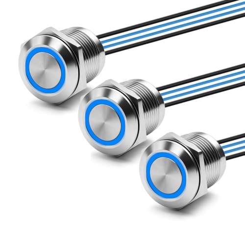 3PCS 19mm 20A Momentary LED Push Button Switch IP67 12V-24V DC Blue - color: Blue Silver Shell, size: Momentary