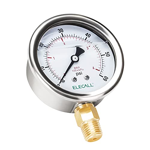 60psi Silicone Oil Filled Pressure Gauge for Water Oil Air Pressure Test in Pool Pump Sand Filter Air Compressor Water System, 2-1/2" Stainless Steel Case, Lower Mount 1/4" NPT - size: 0-60 Psi, style: Lower Mount