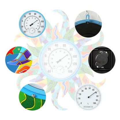 Large Blue Sun Outdoor Thermometer & Hygrometer Combo, 25'' Indoor Outdoor Wall-Mounted Thermometer Gauge, Decorative Indoor Outside Temperature Thermometer for Patio, Garden, Living Room,Kitchen