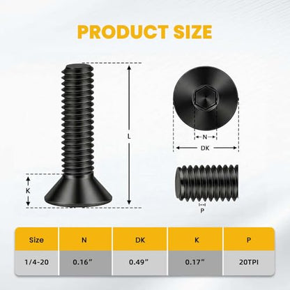 1/4-20 x 1 Flat Head Socket Cap Screws Countersunk Bolts, Stainless Steel 18-8 (304), Fully Threaded, Black Finish, Hex Spanner Included, 50 PCS - color: Black, size: 1/4-20 x 1"