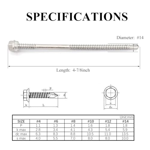 #14 x4-7/8 (1" to 4-7/8" Available) Hex Washer Head Self Drilling Screws, 410 Stainless Steel, Self Tapping Sheet Metal Tek Screws, 15 PCS - size: 15 Pcs #14 x4-7/8"