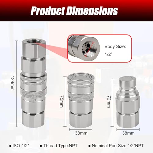 1/2’’ NPT Flat Face Hydraulic Quick Couplers, Skid Steer Hydraulic Couplers with 2PCS Dust Covers, Couplings Set for Agricultural Machinery, Construction Equipment & Industrial Hydraulic Testing