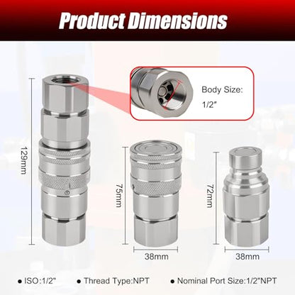 1/2’’ NPT Flat Face Hydraulic Quick Couplers, Skid Steer Hydraulic Couplers with 2PCS Dust Covers, Couplings Set for Agricultural Machinery, Construction Equipment & Industrial Hydraulic Testing