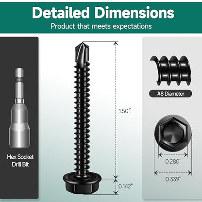 100Pcs #8 x 1-1/2" Sheet Metal Screws, 410 Stainless Steel Self Drilling Hex Head Black Self Tapping Screws for Metal with Drill Bit - color: Black, size: #8 x 1-1/2"