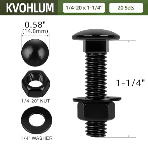 20 Sets 1/4-20 x 1-1/4" Carriage Bolt Kit, Round Head Square Neck, Black Carriage Bolts and Hex Nuts Set with Flat Washers - size: 1/4-20 x 1-1/4"