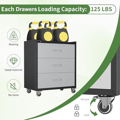 3 Drawer Metal Mobile Garage Tool Storage Cabinet with Wheels,Gray - color: Black/Gray, style: 3 drawer with wheels