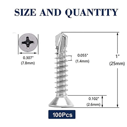 #8 x 1 Sheet Metal Screws 100Pcs 410 Stainless Steel Flat Head Tek Screws Fast Self Tapping Screws by SG TZH - size: #8 x 1"