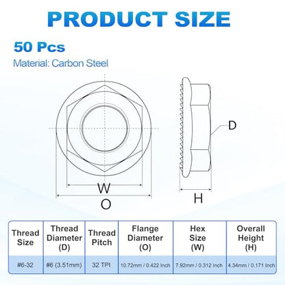 50Pcs Serrated Flange Hex Nuts-#6-32-UNC Carbon Steel Zinc Plated - color: Blue White, size: #6-32