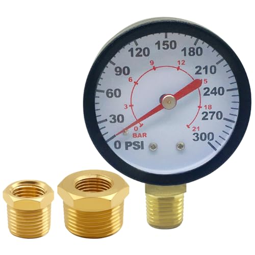 Uenede 0-300PSI Pressure Gauge 1/4" NPT Brass Bottom Mount with Bushing - size: 300PSI(1/4"NPT)