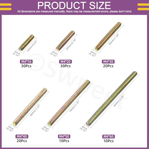Swpeet 120Pcs 6 Sizes M4 x 16/20/ 30/40/ 50/ 60mm Galvanized Carbon Steel Fully Threaded Rod Assortment Kit, Threaded Rods Bar Studs for Furniture Machinery Assembly - style: M4