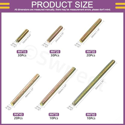 Swpeet 120Pcs 6 Sizes M4 x 16/20/ 30/40/ 50/ 60mm Galvanized Carbon Steel Fully Threaded Rod Assortment Kit, Threaded Rods Bar Studs for Furniture Machinery Assembly - style: M4