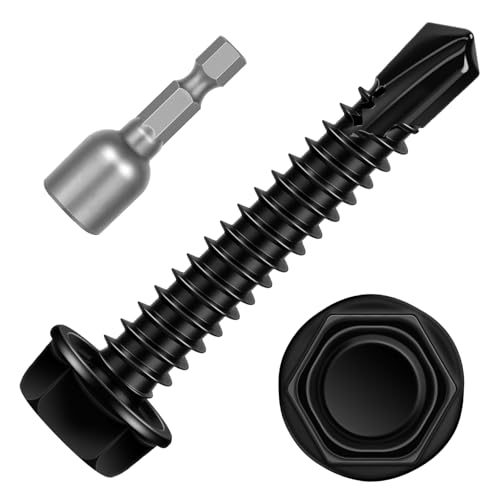 #12 x 1-1/2" Hex Washer Head Self Tapping Screws, TEK Screws, Self Drilling, Stainless Steel 410 Sheet Metal Screws, Black Finish, 50 PCS - color: Black, size: #12 x 1-1/2"