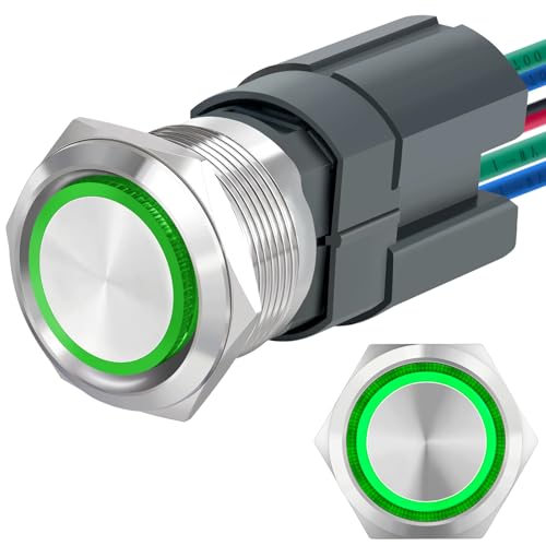 UL Listed 15Amp 22mm Latching Push Button Switch, IP67 Waterproof, DPST 2NO, Stainless Steel 304, On Off Switch with Wire Socket, 12V Green LED. - color: Green, size: Latching 12V