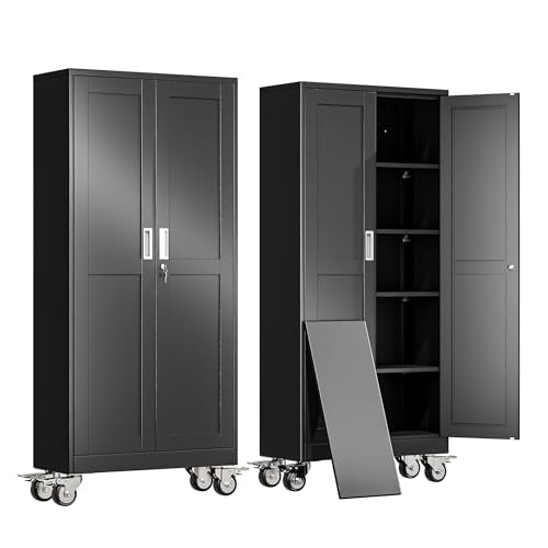 erosoei 71" H Metal Garage Storage Cabinet, Rolling Tool Cabinet with 2 Doors and Wheels, Locker Steel Cabinet with 4 Adjustable Shelves, Organization Cabinet for Garage,Office,Home,Gym,School（Black） - color: Black, size: 71".-CasLck