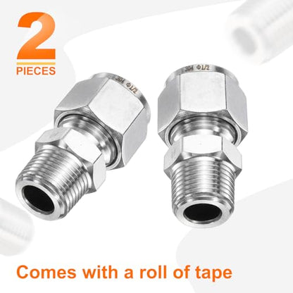 HARFINGTON 2pcs Compression Fitting 1/2" Tube OD x 3/8" NPT Male Thread Stainless Steel Straight Coupler Adapter Compression Tube Pipe Fitting Connector for Oil Gas Water - size: 1/2" OD x 3/8" NPT
