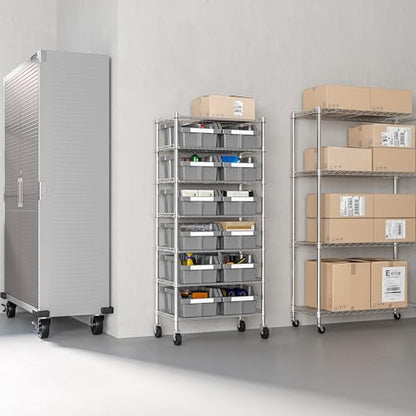 7-Tier NSF 12-Bin Steel Wire Shelving Rack, 25"W x 14"D x 56"H, Gray - color: Gray, size: Includes 12 Bins