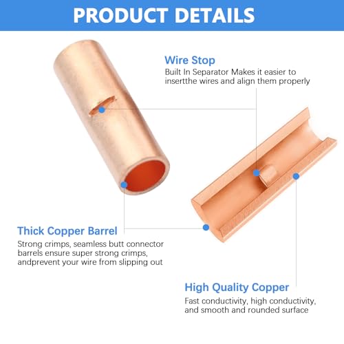 100 PCS Non Insulated Butt Connectors Kit, BN0.5 AGW24-22 Butt Connectors for Wiring Copper Butt Splice Terminals, Uninsulated Butt Splice Wire Crimp Connector for Electrical Appliances Cars Boats - size: 100 PCS(AGW24-22)