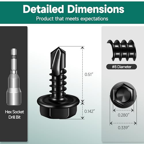 100Pcs #8 x 1/2" Sheet Metal Screws, 410 Stainless Steel Self Drilling Hex Head Black Self Tapping Screws for Metal with Drill Bit - color: Black, size: #8 x 1/2"